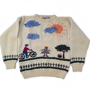 GUSTO Hand Knit Wool Sweater | Vintage Scenic Graphic | Made in Uruguay | Size S